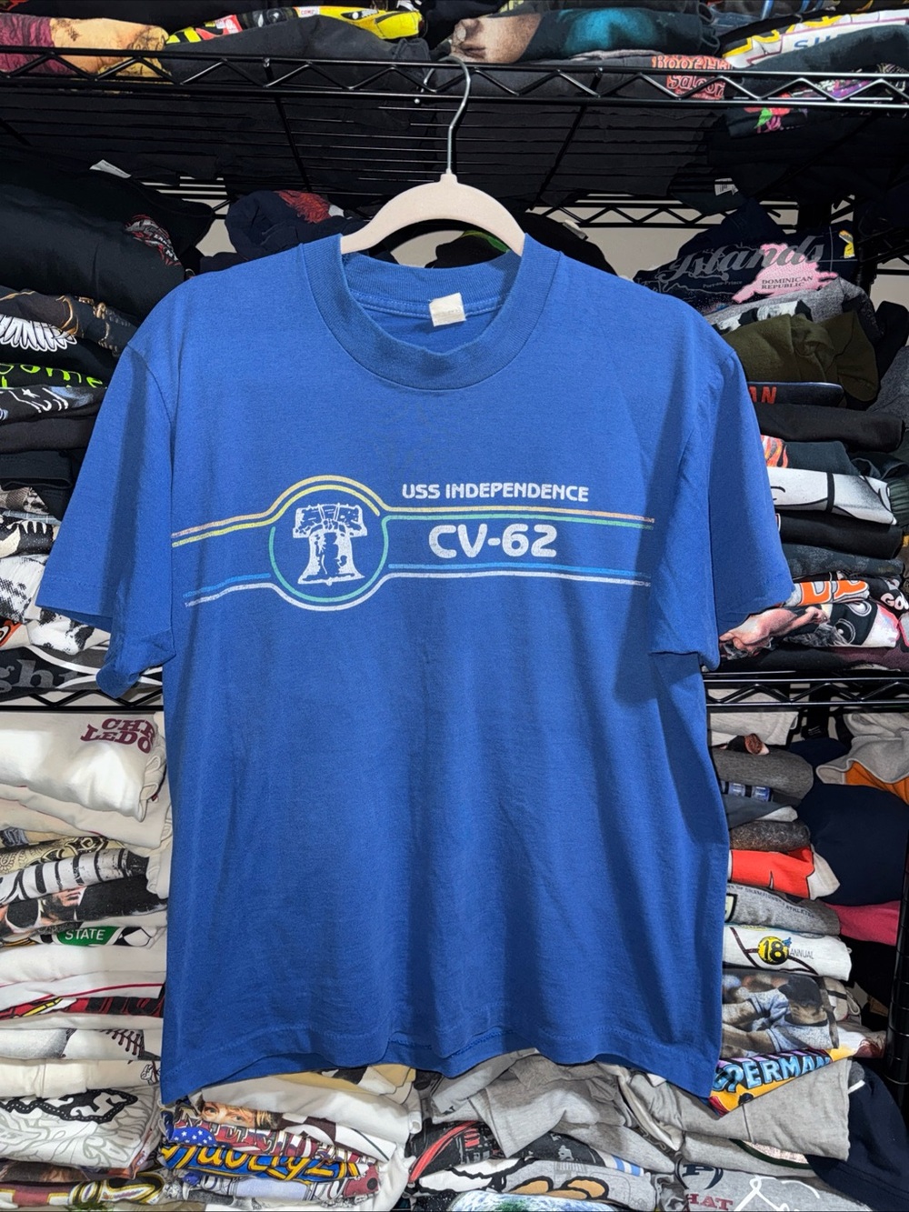 Vintage 70s USA Independence CV-62 Naval Ship Shirt Size Large